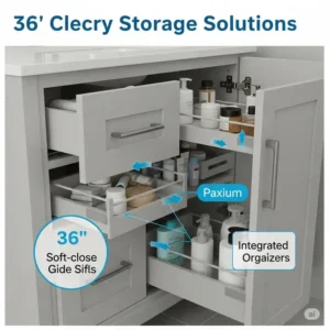 "Close-up illustration of a 36 inch bathroom vanity highlighting efficient storage solutions like soft-close drawers, pull-out shelves, and integrated organizers, demonstrating its practical functionality."