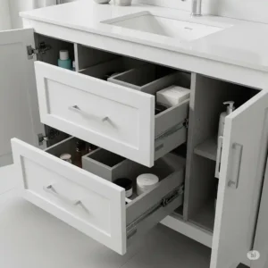 Close-up of a 42 inch bathroom vanity highlighting deep storage drawers and cabinet space for organizing toiletries.