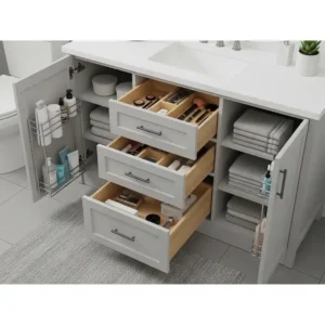 Organized storage within a 48-inch bathroom vanity, including deep drawers and spacious cabinets designed for bathroom essentials.