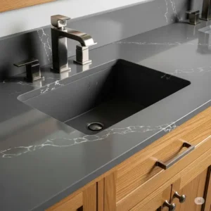 Detail of a durable quartz countertop and integrated sink on a 55 inch bathroom vanity.
