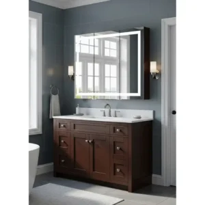 An elegant espresso-finished 60 inch bathroom vanity single sink, providing a rich, sophisticated look for any large bathroom space.