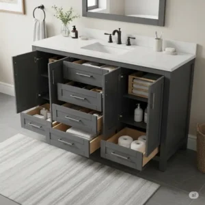 Detailed view of a 60 inch bathroom vanity showcasing various storage solutions, including drawers and cabinet space.