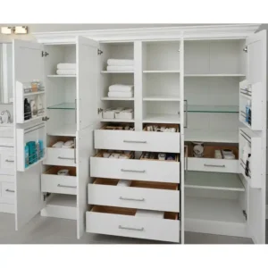 Spacious interior storage of a 72-inch bathroom cabinet, featuring multiple drawers and shelves for organization.