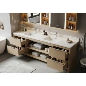 "72 inch bathroom vanity double sink, featuring convenient pull-out drawers and open shelving for organized storage."