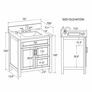 Diagram illustrating the exact dimensions of a 72 inch bathroom vanity single sink, including height, width, and depth, for accurate planning.