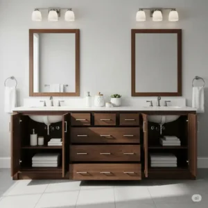 Spacious 84-inch bathroom vanity showcasing multiple drawers and cabinets for optimized organization of toiletries and towels.