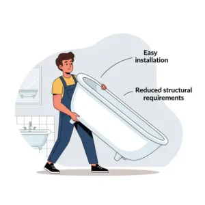 An illustration showing a person easily carrying or moving a lightweight acrylic bathtub, emphasizing the ease of installation and reduced structural requirements, a practical difference in cast iron vs acrylic bathtub.