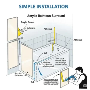 Diagram illustrating the straightforward installation process of an acrylic bathtub surround, showing panels and adhesive.