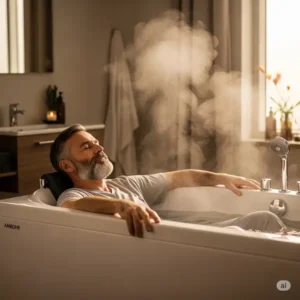  Person relaxing comfortably in an Ambohr electric bathtub, enjoying the therapeutic benefits of a warm soak.