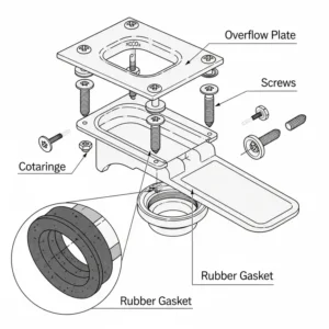 "A detailed illustration of a bathtub drain parts overflow plate, showing the screws and the rubber gasket that creates a watertight seal."