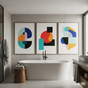 Abstract geometric bathtub wall pictures enhancing a minimalist bathroom, showcasing modern design.