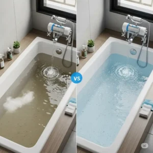 Visual comparison showing murky bath water before and clear, purified water after using a water filter for bathtub faucet on a bathtub faucet.