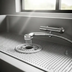 Close-up of a dog grooming bathtub highlighting non-slip flooring and an adjustable showerhead for easy pet bathing.