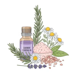 A serene illustration of someone relaxing in a bathtub filled with water infused with aromatic bathtub powder, surrounded by steam.