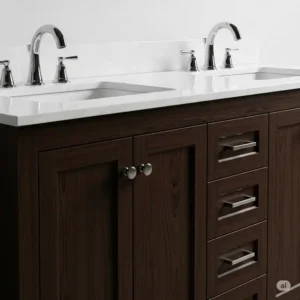 A close-up shot of an espresso-finished 48 inch double sink bathroom vanity, highlighting the deep, rich wood grain and chrome hardware.