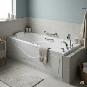 Image of practical Fleurco bathtubs integrated into a bathroom design, emphasizing its space-saving and functional benefits for everyday use.