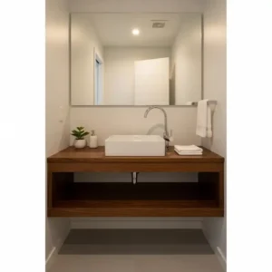 A space-saving, wall-mounted 32-inch floating vanity in a small bathroom, highlighting its sleek design and open space underneath.