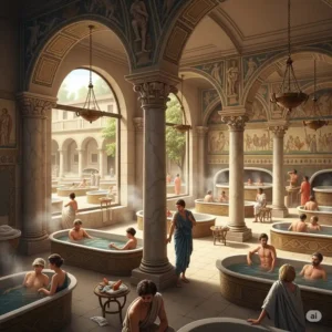 Interior illustration of a Roman bathhouse, featuring multiple Roman bathtubs for public use and communal bathing.