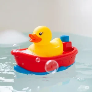 A classic rubber duck sitting inside a small, red boat bathtub toy, making bath time more fun.
