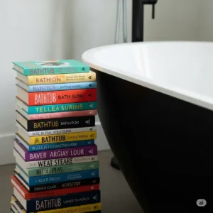 A colorful stack of various "bathtub books" neatly piled next to a modern bathtub, ready for a relaxing soak.