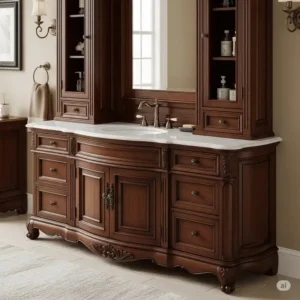 Classic wooden 72-inch bathroom vanity with ornate detailing and a rich finish, ideal for a traditional home.