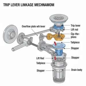 Detailed illustration of a trip lever bathtub drain system, highlighting the linkage mechanism that operates the stopper from the overflow plate.