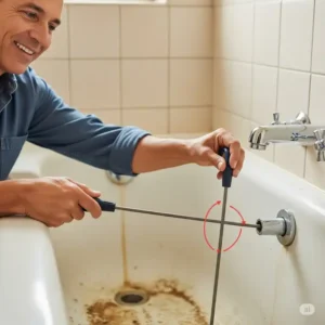 A person demonstrating how to use a drain snake to clear a slow-draining bathtub.