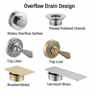 An assortment of bathtub overflow drain cover styles, including rotary, trip lever, and toe-touch, illustrating design variety.