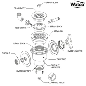 "Diagram showing an exploded view of watco bathtub drain components, detailing each part for easy identification and assembly."