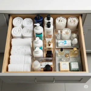 An open drawer of a 32-inch bathroom vanity showcasing organized storage for toiletries and towels.
