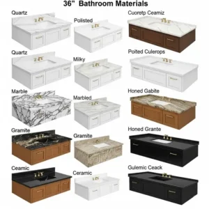 "Diagram illustrating different countertop materials available for a 36 inch bathroom vanity, such as quartz, marble, granite, and ceramic, showcasing various textures and patterns."