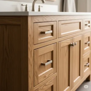Detailed view of a 42 inch bathroom vanity crafted from solid oak wood, showcasing its natural grain and durable construction.