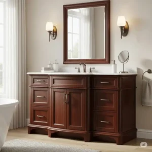 A sophisticated 48-inch bathroom vanity in a dark wood finish, highlighting its elegant design and compatibility with various decor.