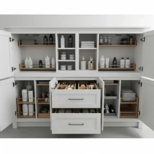 An interior view of a 48 inch double sink bathroom vanity, showcasing ample storage space with soft-close drawers and adjustable shelves for organizing toiletries.