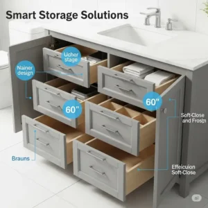 An illustration highlighting the smart storage solutions within a 60 inch bathroom vanity single sink, showcasing spacious drawers and cabinet compartments.