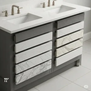 Various countertop options displayed on a 72-inch bathroom cabinet, including quartz and marble designs.