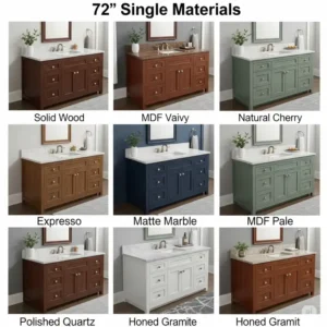 Collage displaying different material options for a 72 inch bathroom vanity single sink, such as solid wood, MDF, and various countertop finishes like quartz or marble.