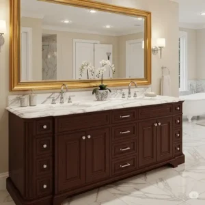 Luxurious 84-inch bathroom vanity with a stunning white marble countertop, adding a touch of sophistication to any large bathroom.