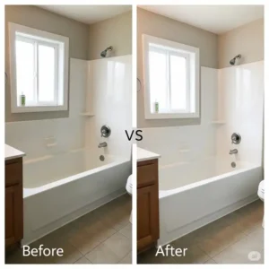 Simplified before and after comparison showing the transformation of a bathroom with a new acrylic bathtub surround.