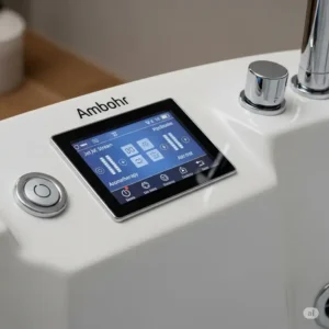  Close-up of the intuitive control panel of an Ambohr electric bathtub, showing easy-to-use functions.