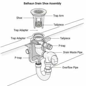 "Diagram illustrating the components of a bathtub drain parts shoe assembly, including the P-trap connection and the drain waste and overflow pipes."