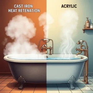 An illustration of a bathtub with steam rising, divided to show a warmer, steamier side for cast iron and a less steamy side for acrylic, visually representing the difference in heat retention between the two materials, relevant to cast iron vs acrylic bathtub.