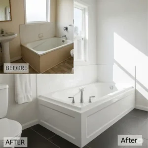 "Before and after comparison of a bathroom showing a dramatic transformation after installing a sleek 3 piece bathtub surround."