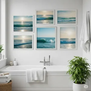 Coastal-themed bathtub wall decor, featuring serene ocean-inspired pictures for a relaxing bathroom atmosphere.