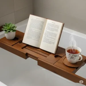 An open "bathtub book" comfortably placed on a wooden bath caddy, alongside a cup of tea and a small plant, highlighting convenience.