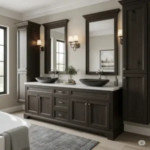 "Stylish dark wood 72 inch bathroom vanity double sink, offering a sophisticated aesthetic for large bathrooms."