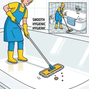 Illustration demonstrating the ease of cleaning a smooth, hygienic bathtub floor, highlighting its low-maintenance benefits.