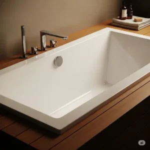A close-up of Fleurco bathtubs, illustrating its seamless integration into a deck or platform, ideal for a custom bathroom aesthetic and deep bathing.