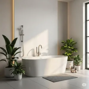 Stylish freestanding china bathtub in a spa-like setting, demonstrating a popular aesthetic for modern bathrooms.