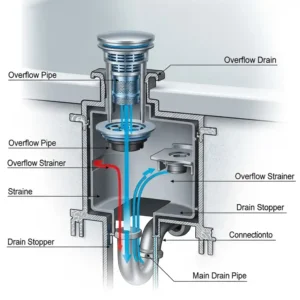A cross-sectional diagram illustrating the internal mechanism of a bathtub overflow drain, showing how it diverts excess water.